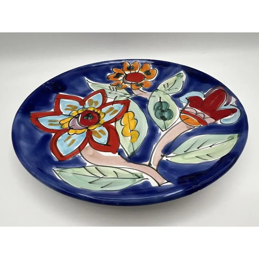 Hand Painted Blue Floral 10” Plate Made in Italy for Macy's Colorful Flowers